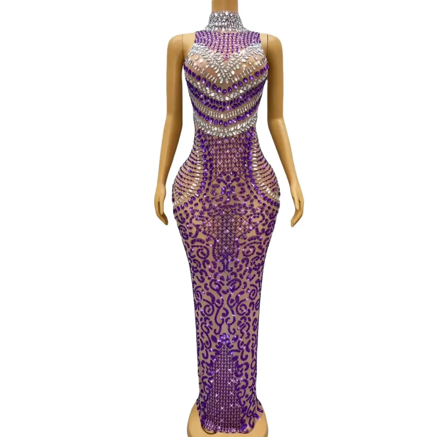 Purple Rhinestone Pearl Diamond Inlaid Round Neck Sleeveless Back Split Luxury Elegant Long Dress Nightclub Bar Performance Gown