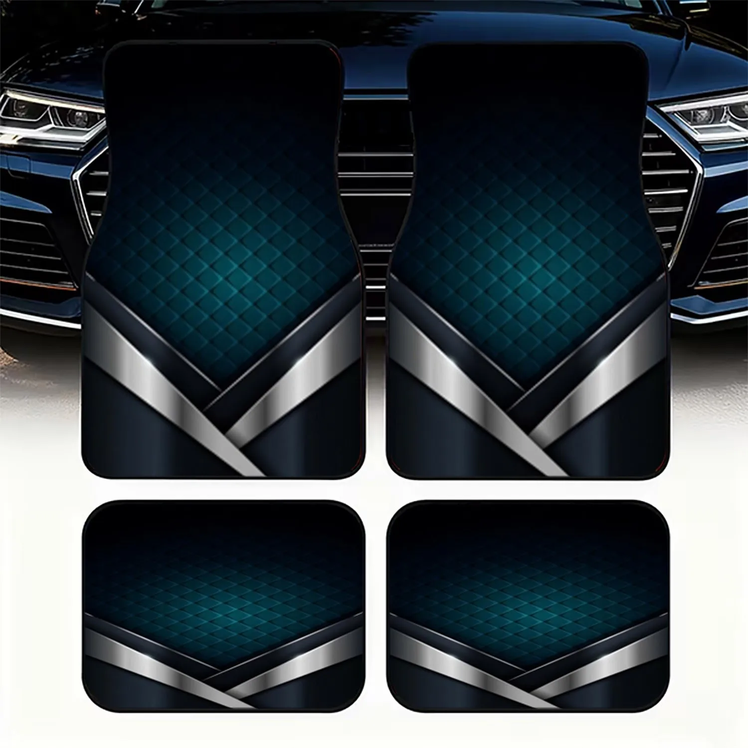 Set Of 4 Automotive Floor Mats Made From Polyester, Featuring A Modern Grid Pattern That Elevates The Elegance Of Your Vehicle'S