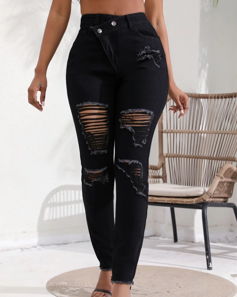 Calça jeans rasgada elástica feminina, lápis de cintura alta, calça jeans lavada, estreita, envoltório de perna reta, quadris, calça longa, senhora, plus size