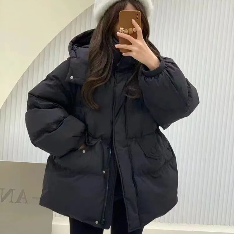 Piumino da donna caldo con cappuccio in piumino d'anatra bianca 2025 Piumino da donna spesso allentato casual con impunture in vita coreana di nuova moda H474