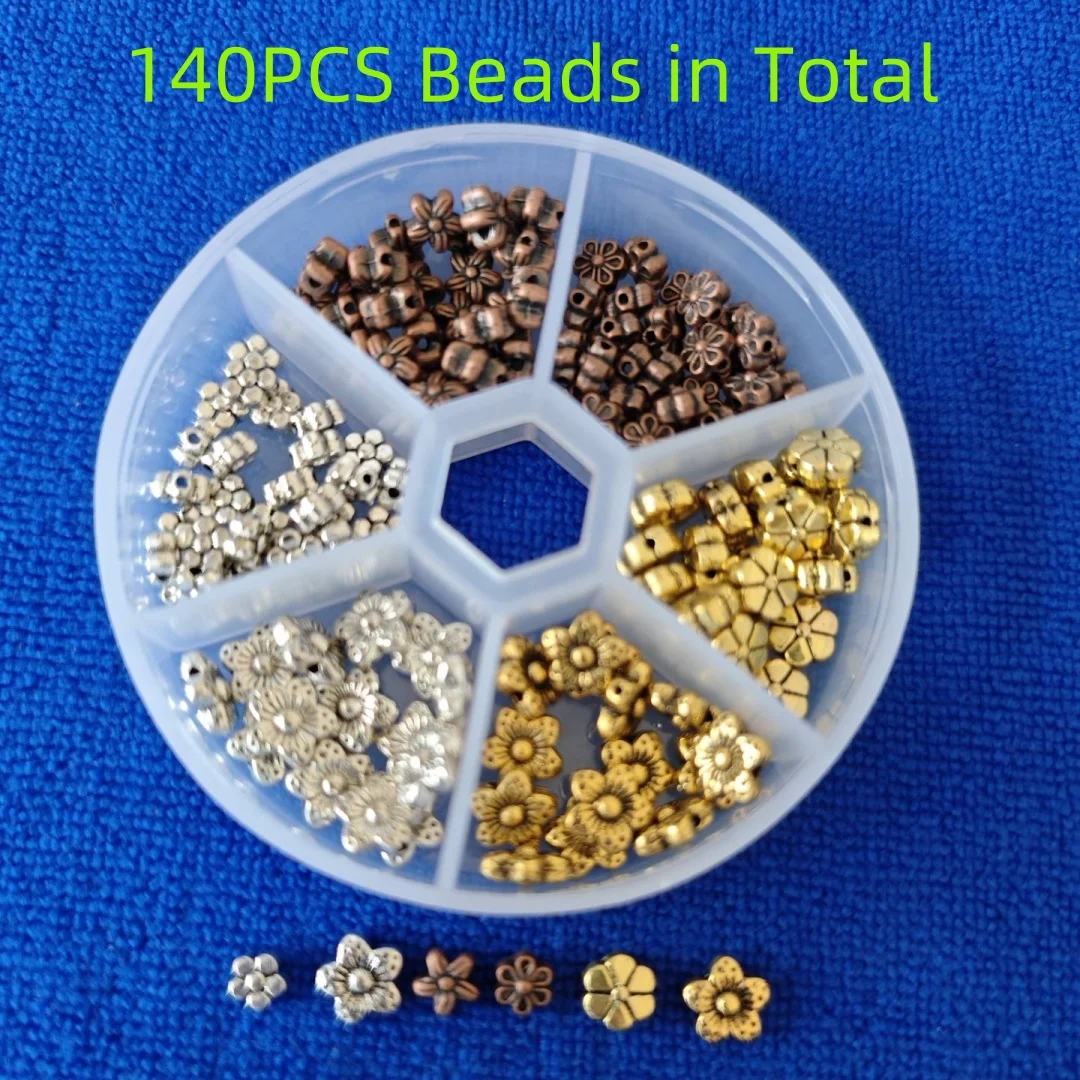 

140PCS Antiqued Silver Gold Copper Metal Flower Spacer Beads in Storage Box for Jewelry Making