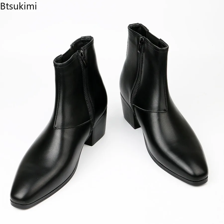 New Chelsea Boots Men's Fashion High Heels Short Boots Small Square Head Height Boosting High Heel Boots Autumn Winter Men Shoes