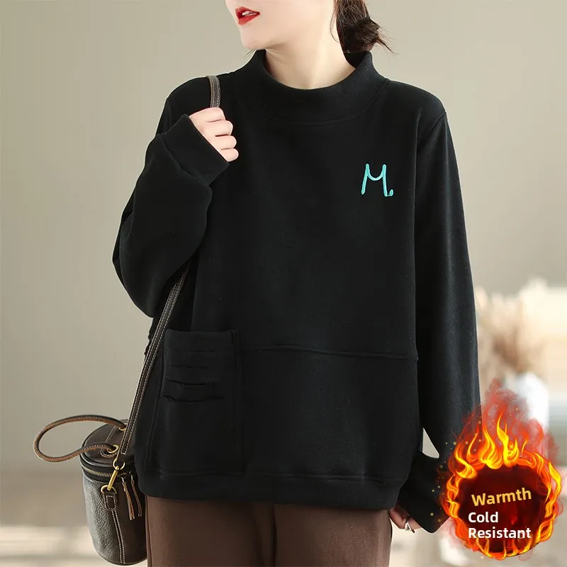 Bluza z kapturem plus size z podszewką, damska, zimowa, luźna, artystyczna, z dziurami, duża, kolorowa, z haftem, bazowa, top irt