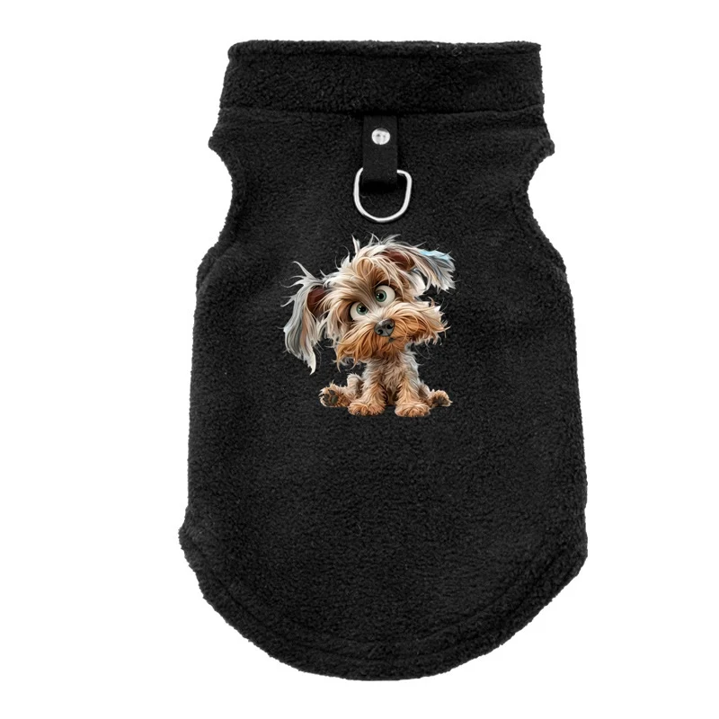 

Yorkie Puppy Printed Fleece Pet Vest Winter Outfit Stylish Dog Sweater, Warm Black Puppy Jacket with Collar Buckle & Leash Hook
