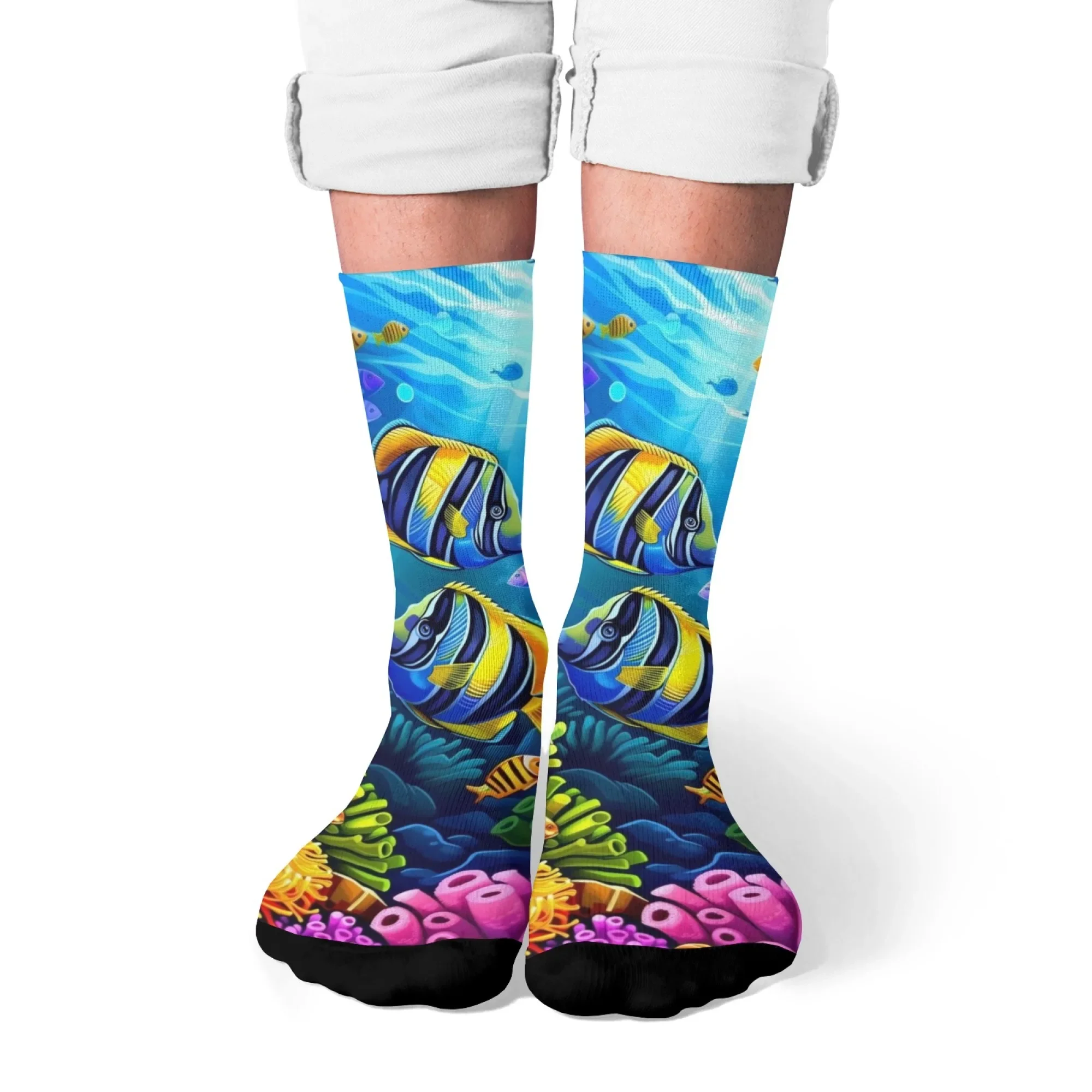Ocean Tropical Fish Print Men's Socks Novelty Harajuku Retro Street Casual Compression Socks Breathable Non-slip Socks Fun Gift