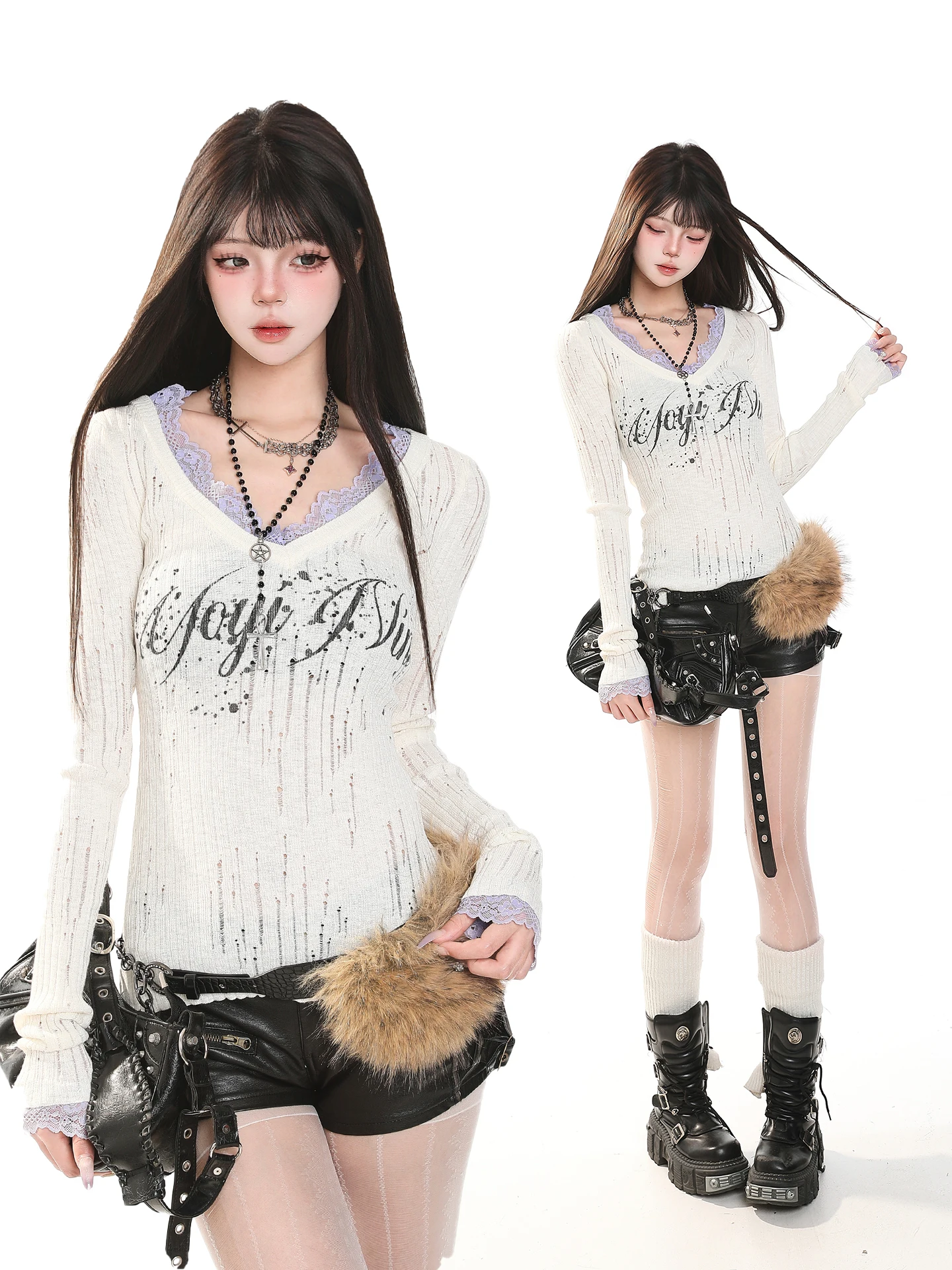 

American Hot Girl Style V-neck Lace Splicing Long Sleeve Knitted Sweater Women's Slimming Spring High-grade Versatile Top