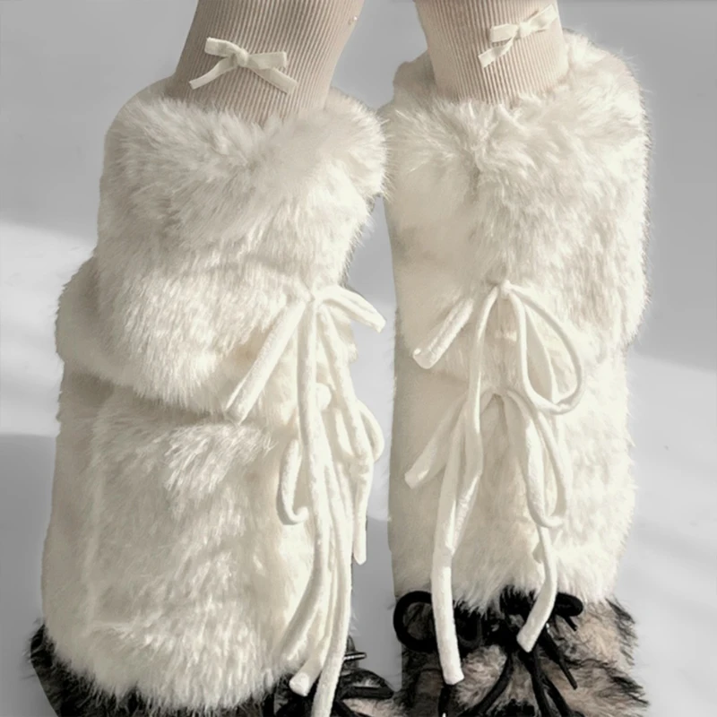 

Женские пушистые плюшевые гетры, зимние теплые холодные защитные чехлы для ботинок JK для девочек, чулки с милой лентой и бантом в стиле Харадзюку, чехол для ног