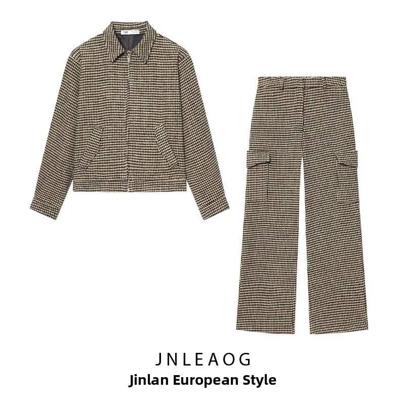 JNLEAOG Autumn New Women's Fashion Plaid Pad Shoulder Pilot Jacket Outerwear Workwear Pants Polyester Standard Fit Zipper Clo...