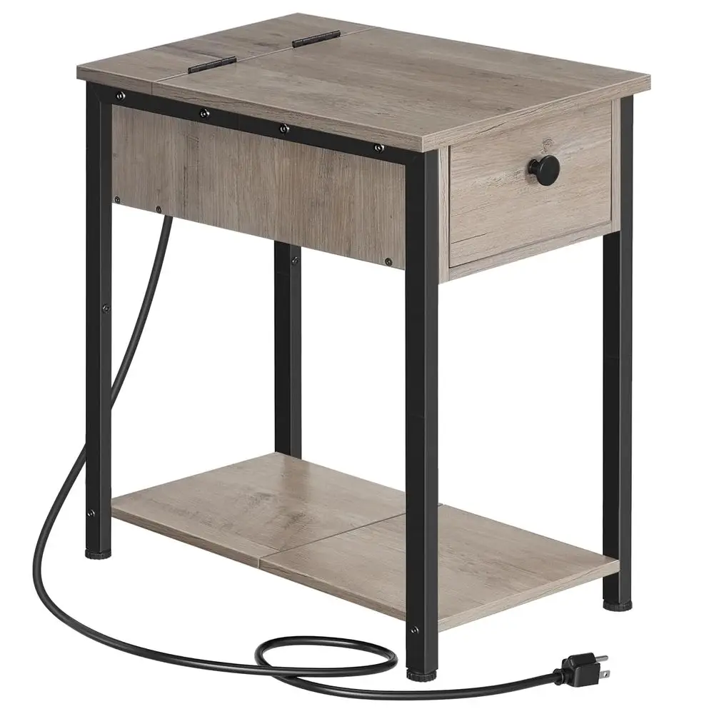 

End Table with Charging Station, Narrow Side Table, Small Nightstand, Bedside Tables with Drawer and Storage Shelves, for Small
