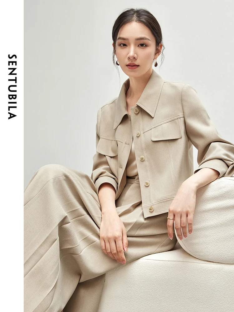 SENTUBILA Women Texture Linen Skirt Set 2024 Autumn Single Breasted Jacket Pleated A Line Skirt 2-częściowy zestaw spódnic 143Z56777