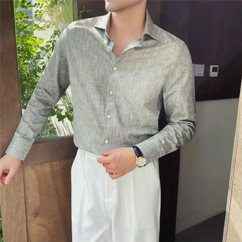 Linen Bamboo Cotton One Piece Collar Long Sleeved Shirt Men's Casual Business Commuting Shirts Versatile Social Formal Shirt