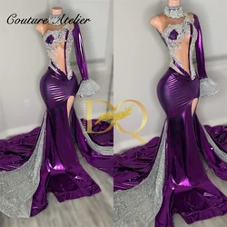 Special Purple One Shoulder Long Sleeve Prom Dress 2024 Black Girl Silver Bead African Mermaid Birthday Party Dress Customized