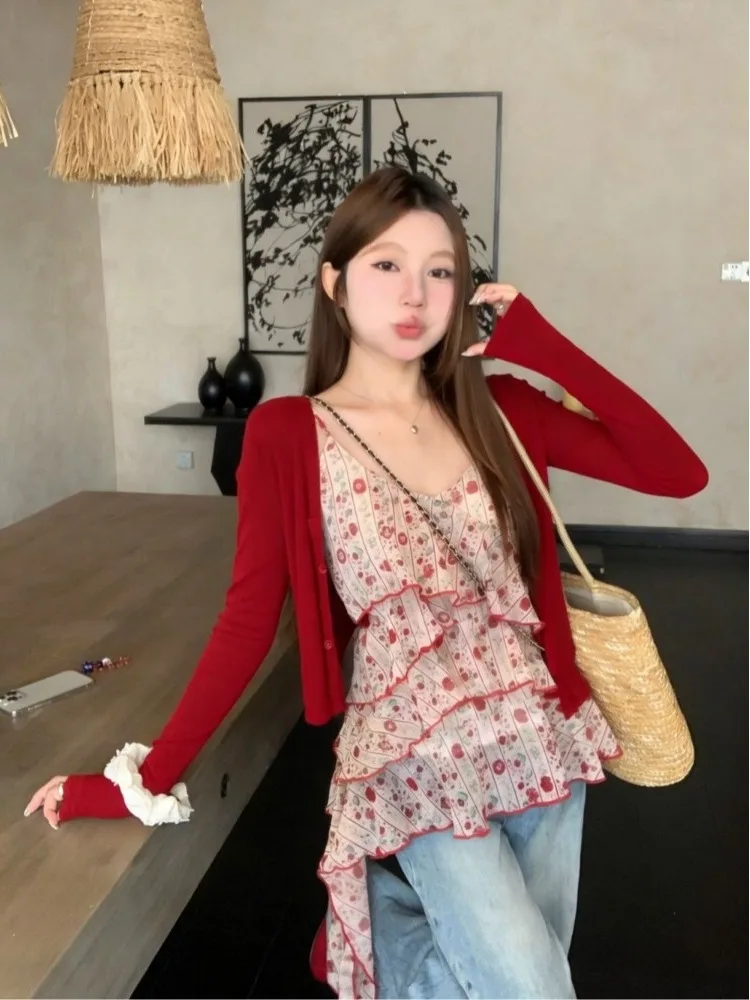 Summer Slimming Floral Design Halter Top Set Women's Sweet Fashion Casual Wear Anti-Wrinkle Long Sleeve Overhead Version