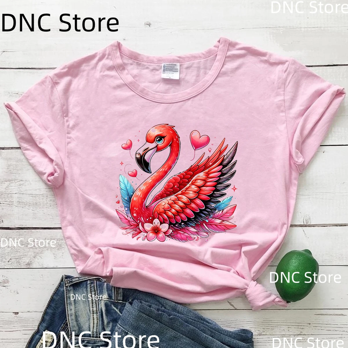 الوردي فلامنغو المائية قميص هاواي المرأة تي شيرت ، مجموعة قميص طيور النحام ، فلامنغو المطبوعة الإناث الصيف Harajuku التي شيرت