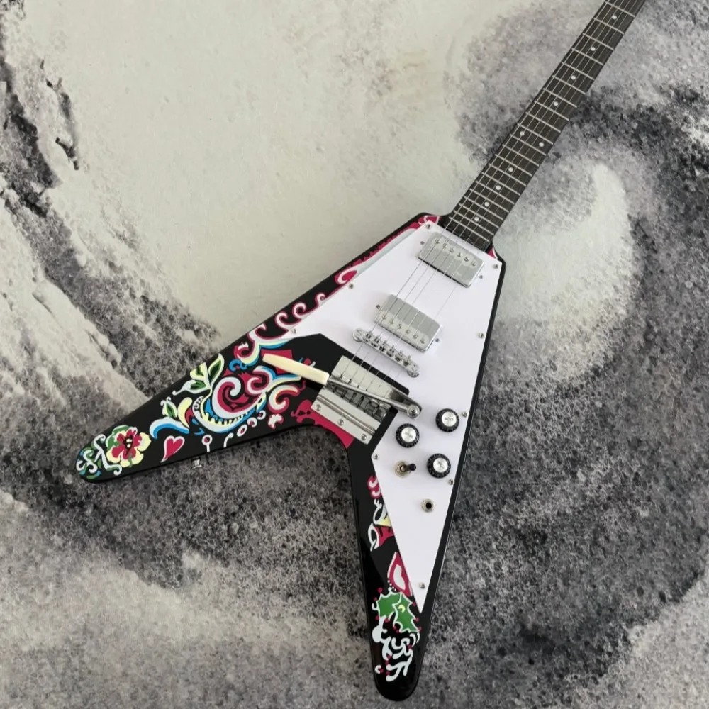 Black White Color Matching 6 String Electric Guitar Solid Mahogany Body V Shape Colorful Floral Punchy Tone Perfect for Rock Stage Performance