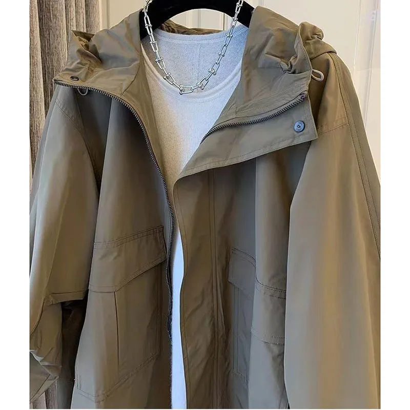 韓国女性フード付きウインドブレーカージャケット春と秋ルーズフィットダブルポケットコートレディースファッションレジャー新しいアウター