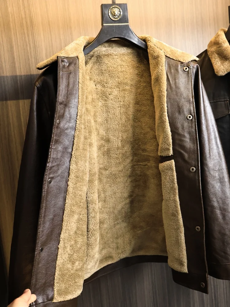 

Glossy Soft Leather Men's Fashion Collar Casual Vintage Leather Jacket Autumn Winter Composite Particle Fleece Warmth Style