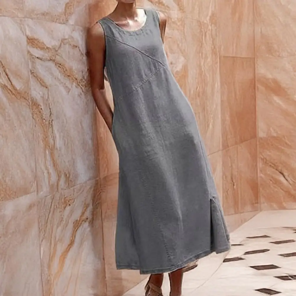 Women Polyester Dress Elegant Maxi Dress with Pockets for Women Loose Crew Neck Tank Dress for Beach Vacation Long Sundress