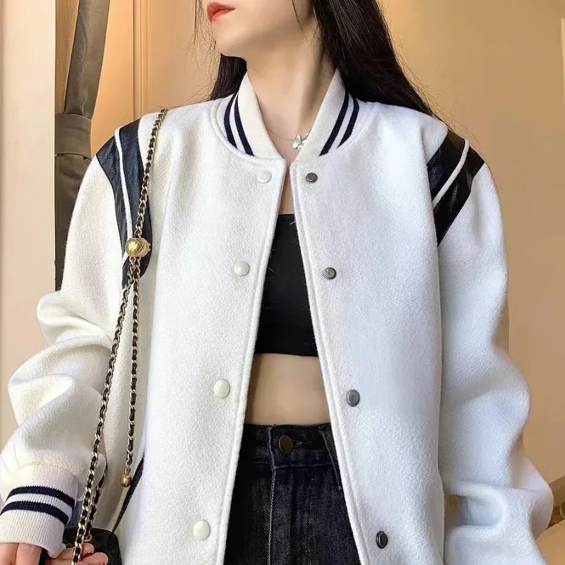 Deeptown Korean Style White Bomber Jacket Women Streetwear Preppy Vintage Tweed Baseball Jackets College Autumn Winter Fashion