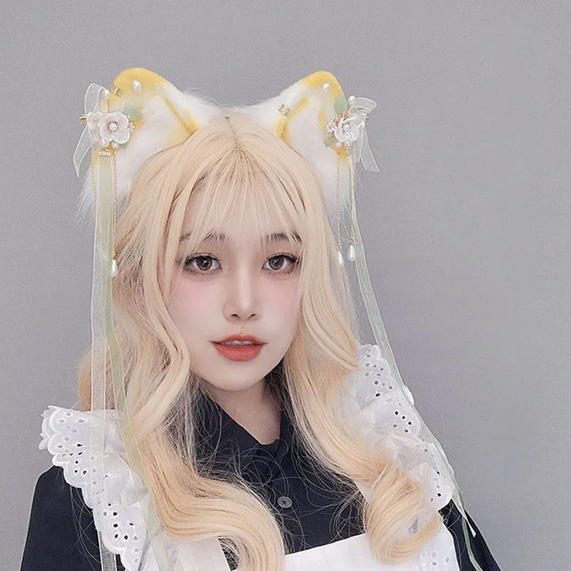 

Cute Plush Cat Ears Headband With Exquisite Floral Pearl Hairpin Ribbon Anime Lolita Hair Hoop Kawaii Animal Party Cosplay Cost