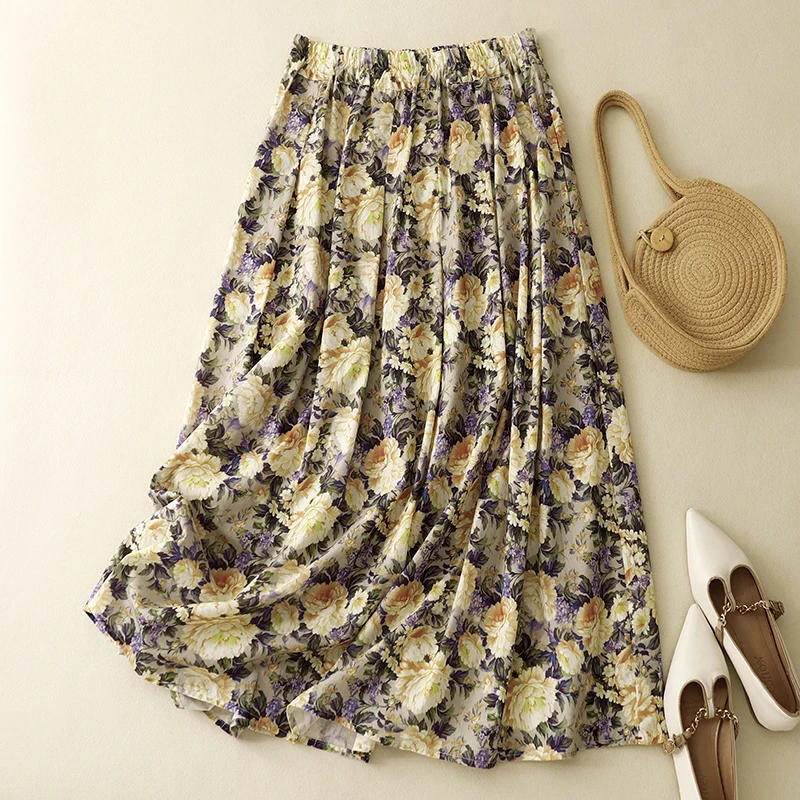 

Elegant Flower Print Cotton Linen Elastic Waist A-word Skirt Women 2024 Fashion Soft Casual Temperament High-waisted Long Skirt