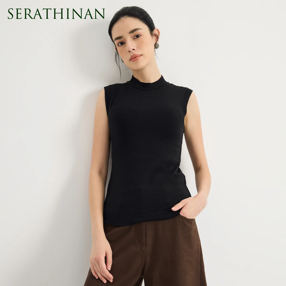 KL9624002 Women's Mock Neck Sleeveless Slim Fit Vest Solid Color High Stretch Layering Top Elegant Early Autumn Basic
