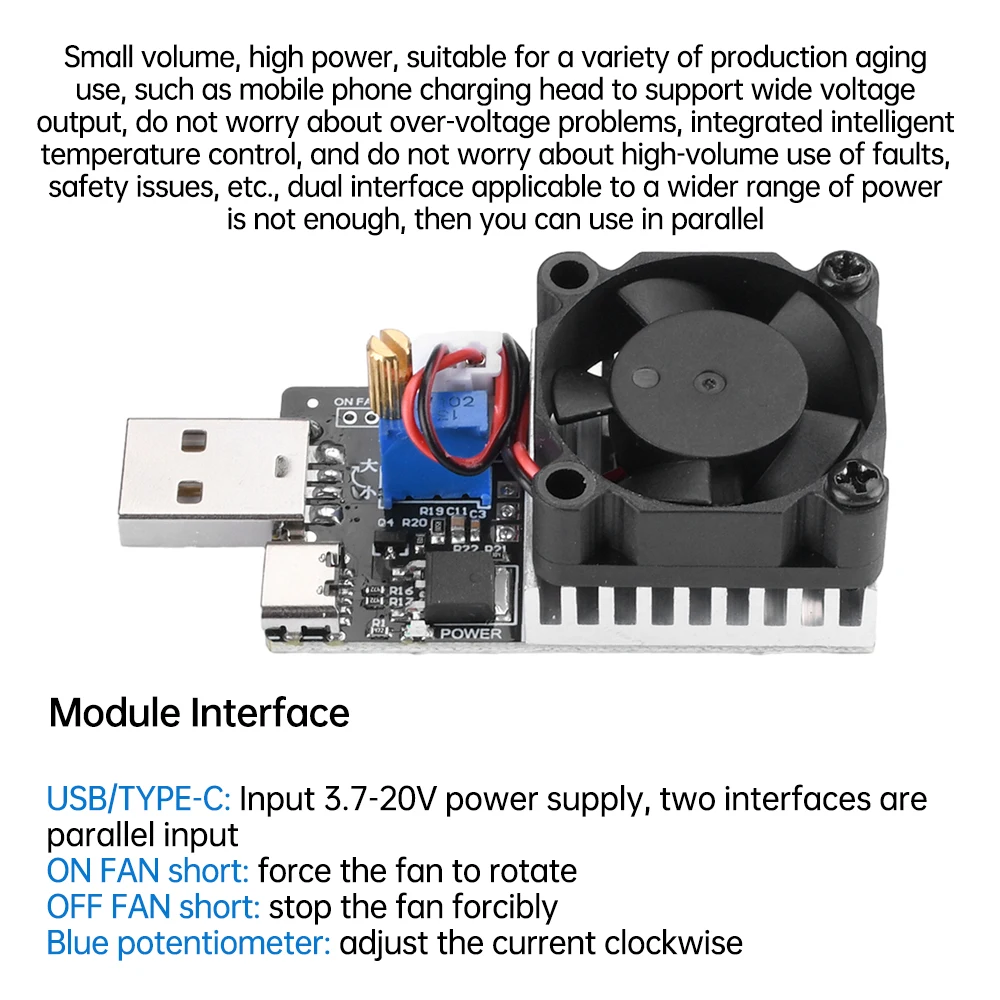 DC 3.7-20V 3A 25W Test elektroniczny rezystor obciążenia Tester przepustowości baterii USB z wentylatorem moduł regulowany prąd