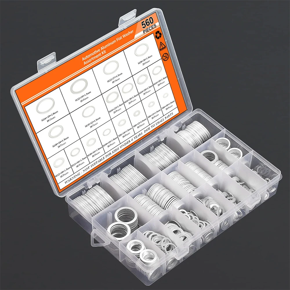 

560pcs Automotive Drain Plug Gaskets, Oil Crush Washers, Aluminum Flat Washers Kit (M6 M8 M10 M12 M14 M16 M18 M20 M22 M24)