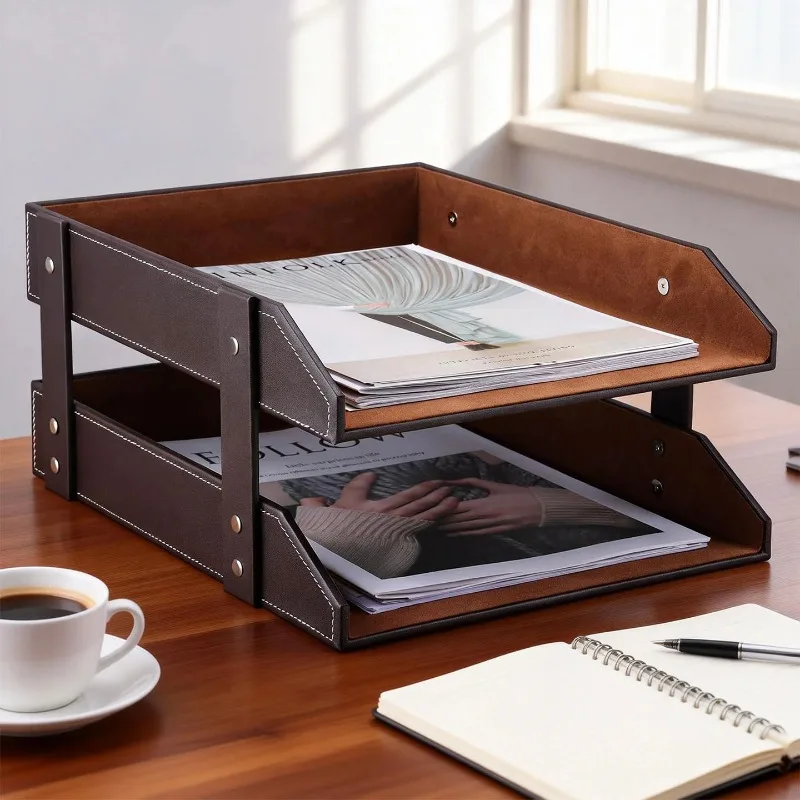 

Кожаная двухслойная подставка для файлов формата А4, настольный лоток для бумаг, органайзер для документов, креативная подставка для хранения канцелярских принадлежностей