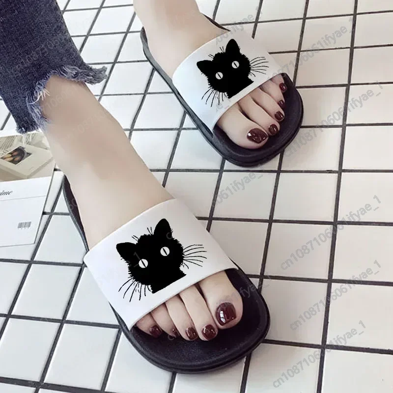 Summer Women Shoes Indoor Slippers black cats Print Home Beach sandals Non-slip floor Slides Fashion ladies shoes Plus Size 41