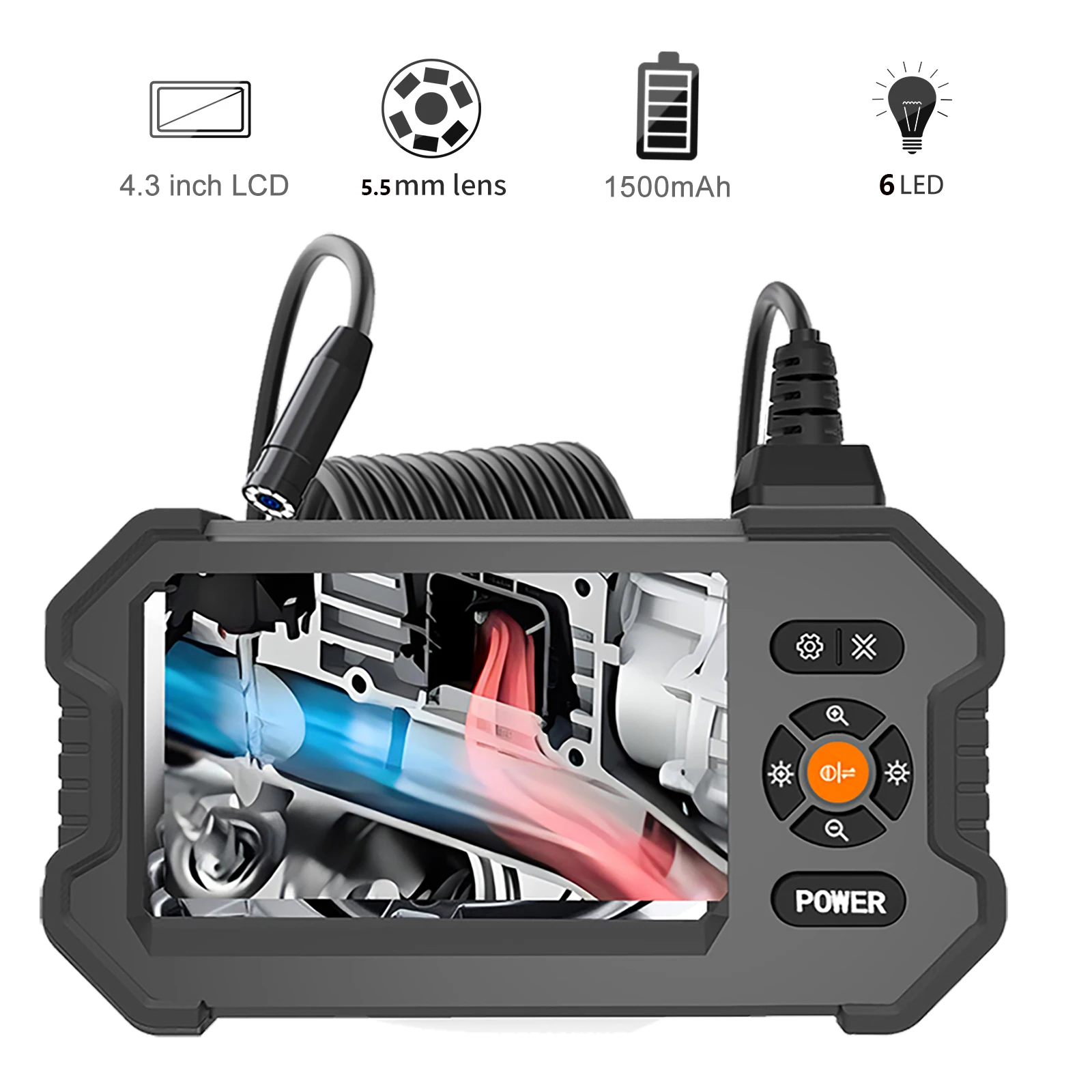 Cámara Endoscópica Industrial con Luz HD, Pantalla LCD de 4.3 Pulgadas, IP67 Impermeable, Cámara de Inspección Boroscópica con Cable Semirrígido para Tuberías y Automóviles