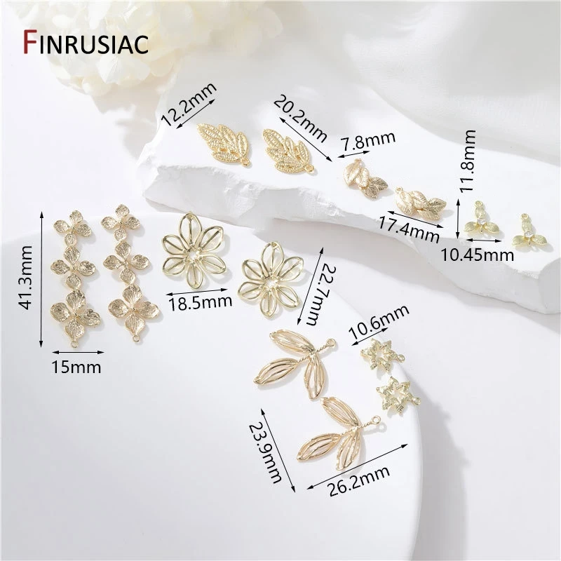 14K Gold Plated Brass Leaf/Flower Charms Pendants For Necklace Making, DIY Jewelry Connector Accessories Findings