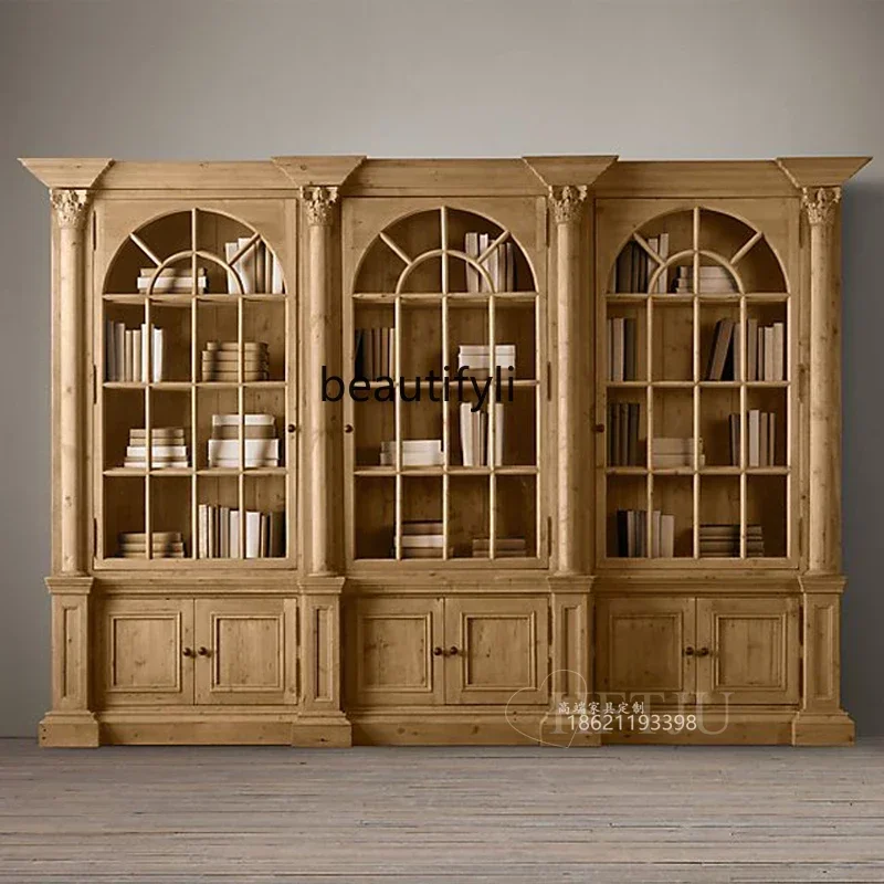 cc182American rural retro solid wood bookcase European carved bookcase living room display cabinet dining side cabinet villa R