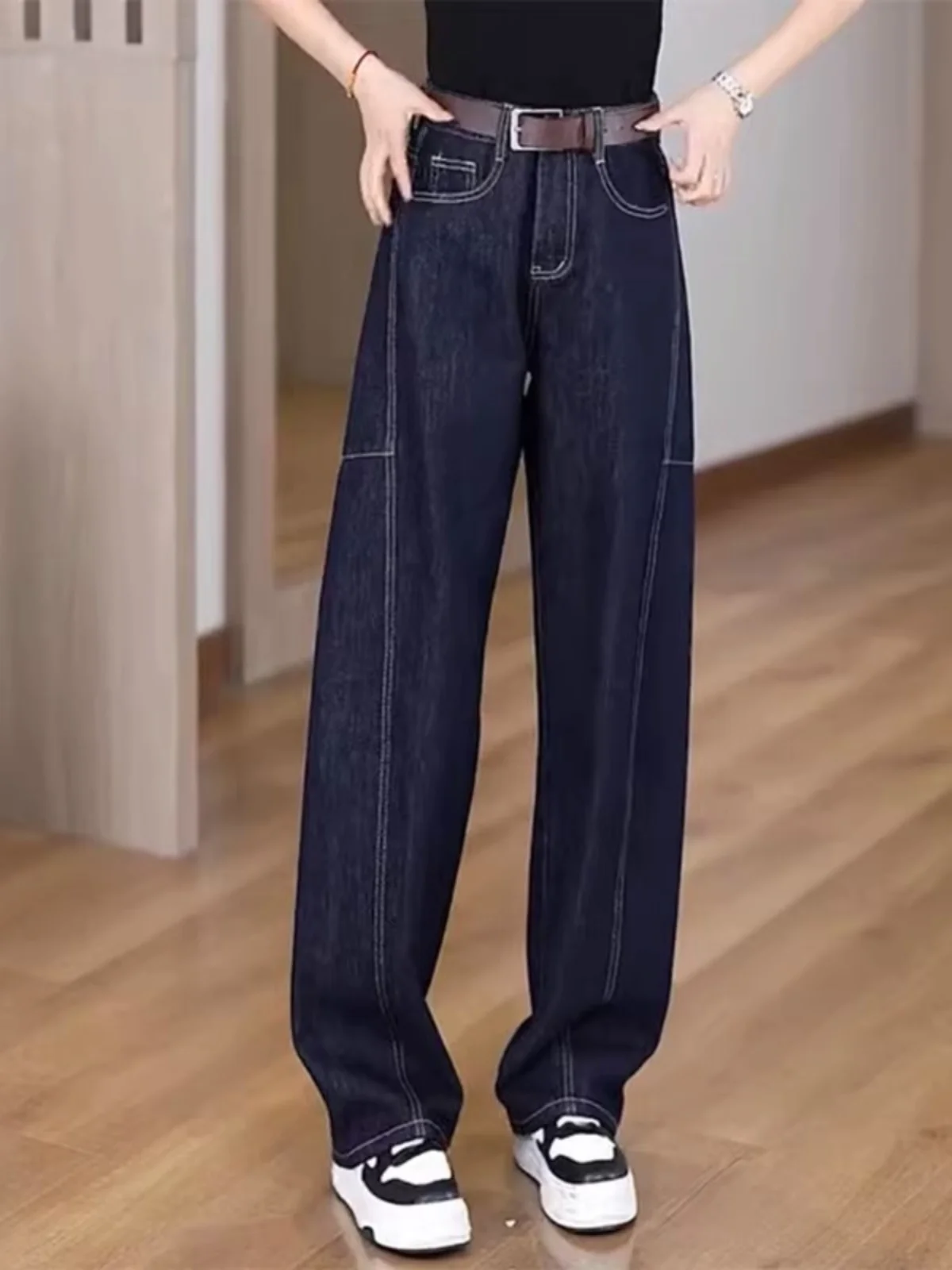 

Deep Blue Straight Leg Jeans Women's plus Size Spring Autumn New Sle Slimming Loose Faion Wide Leg Pants Body Concealing ...