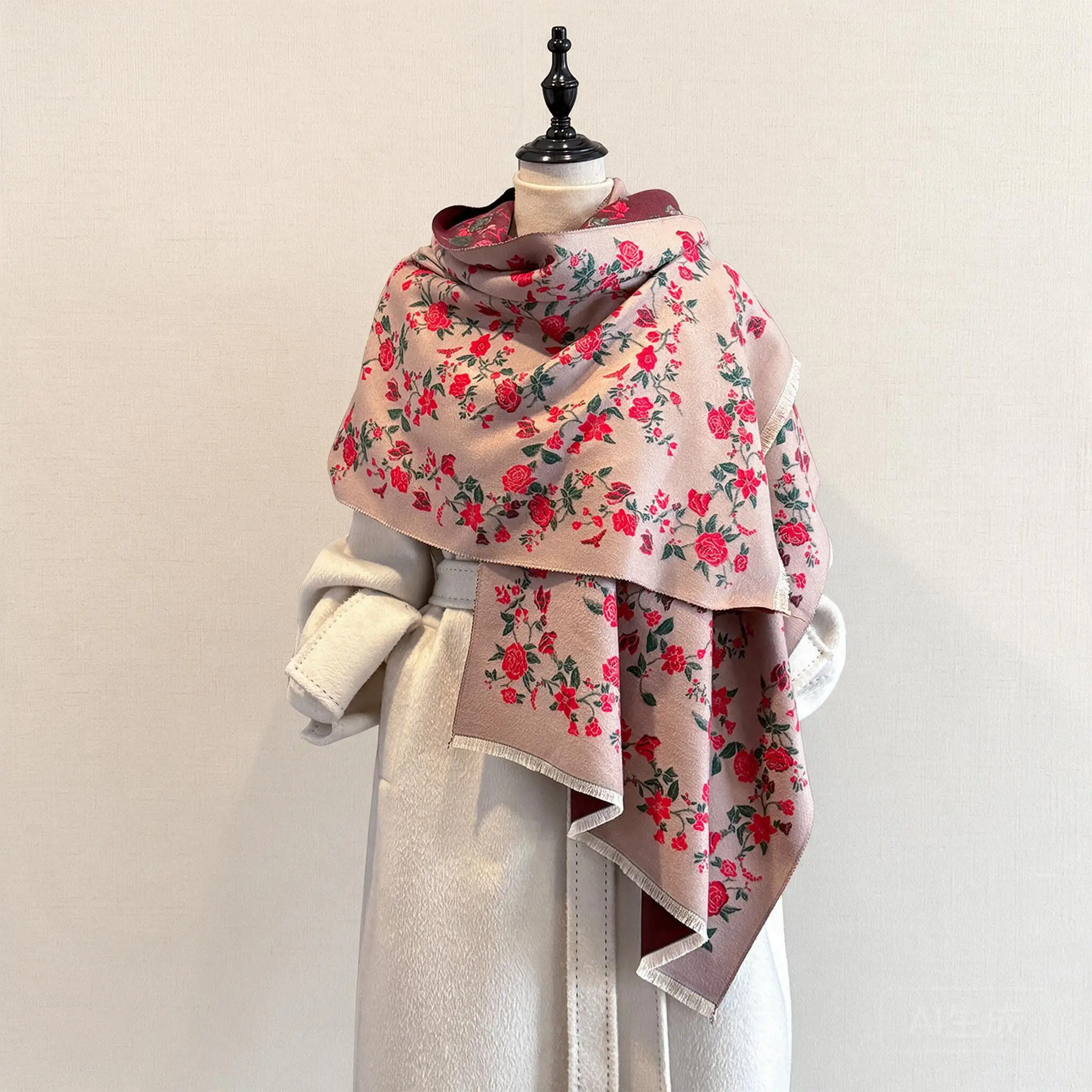 Women Chinese Style Rose Print Thick Warm Scarf Soft Elegant Versatile Large Shawl Wrap For Fall Winter Daily Casual Outfit Wear