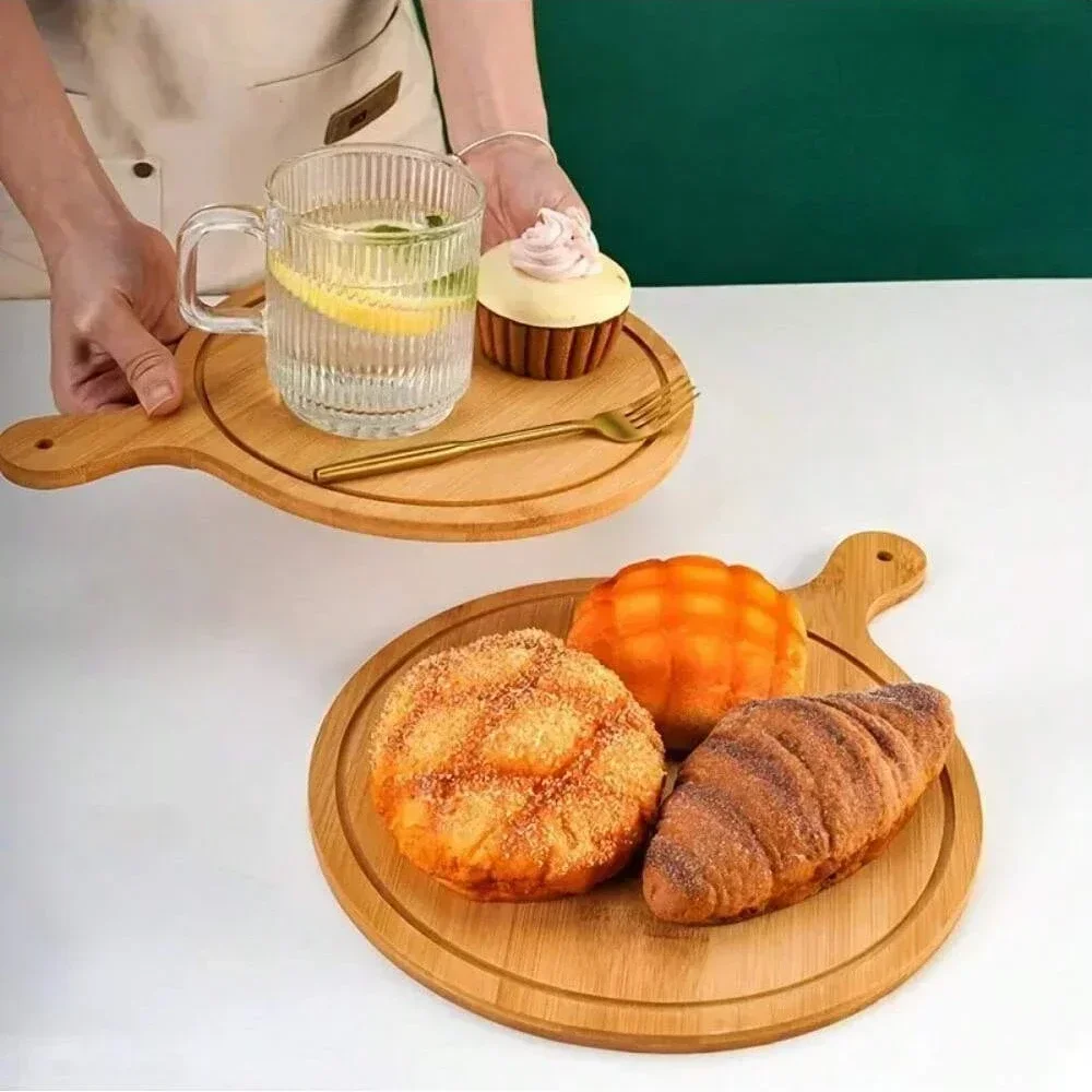 Wooden Pizza Board Round With Hand Pizza Baking Tray Pizza Stone Cutting Board Platter Pizza Cake Bakeware Kitchen Tools