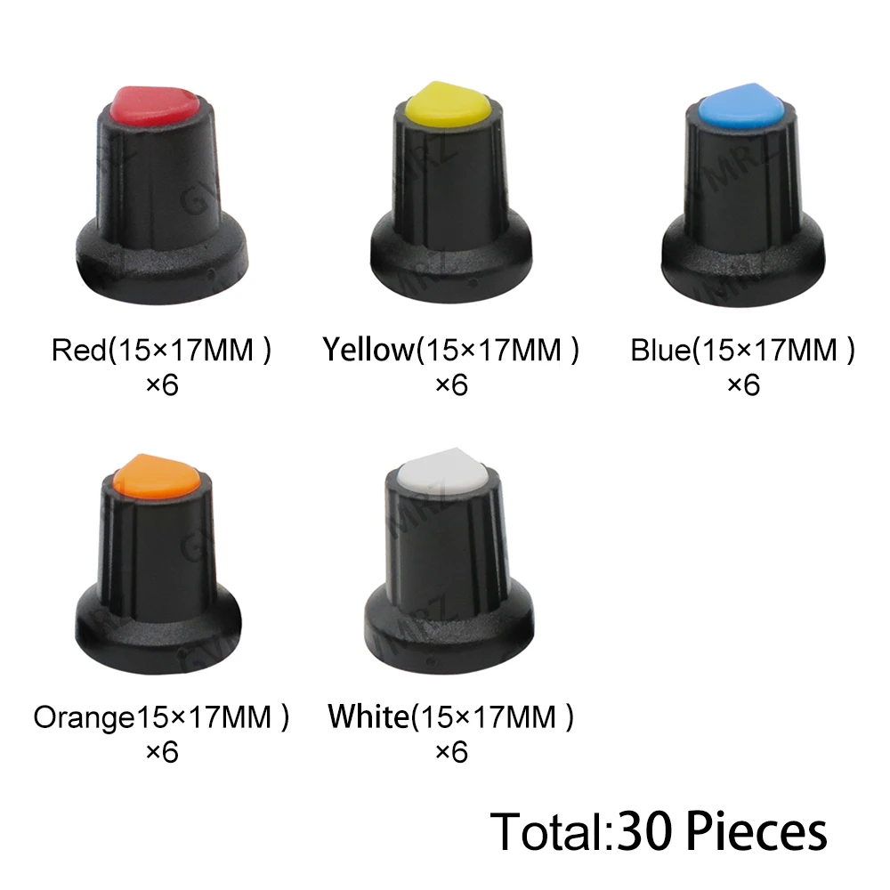 30PCS 5Color AG2 Knob Kit 15x17MM 6MM Hole Diameter for Potentiometer & Switch DIY Electronic Projects
