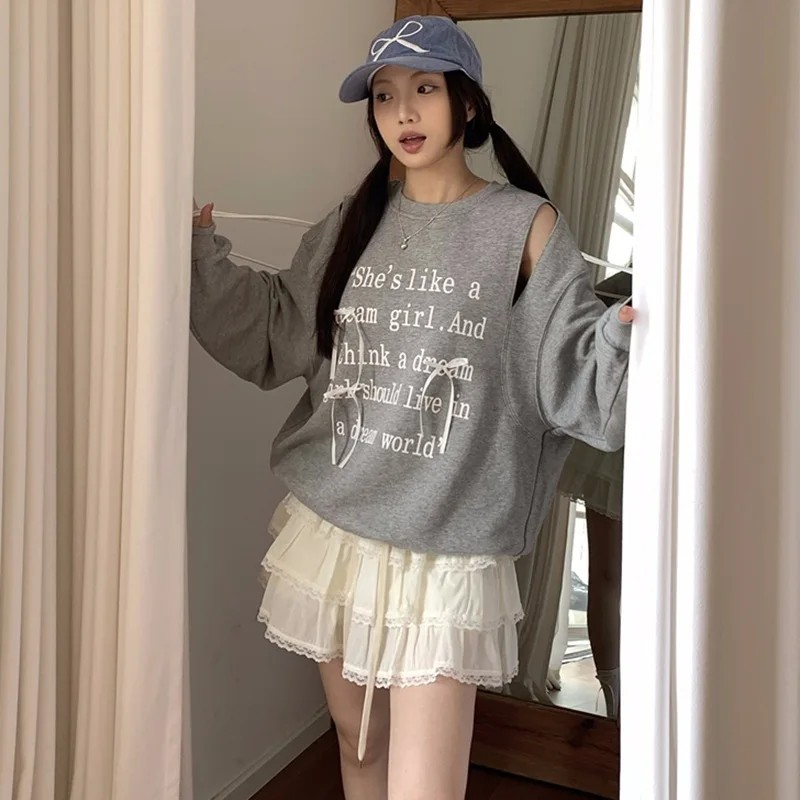 Korean Asymmetical Y2k Hole All Match Sweatshirts High Street American Letter Print Bow Lace Appliques Pullovers Lazy Clothes