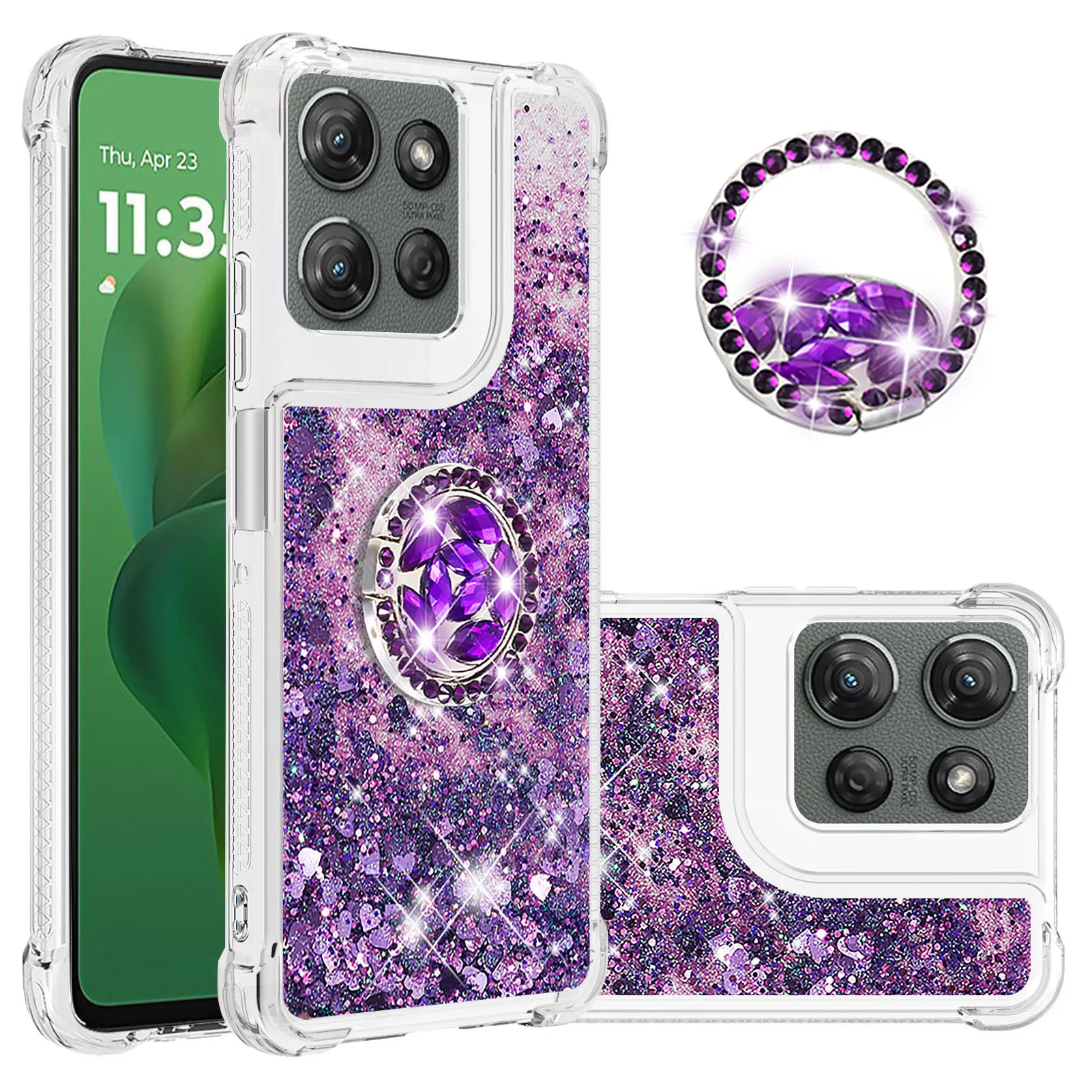 Shockproof Case With Ring for Motorola G Stylus/Play/Power/Pure/2025/2024/2023/Edge 5G,Glitter Sand Corners Air Cushion Cover