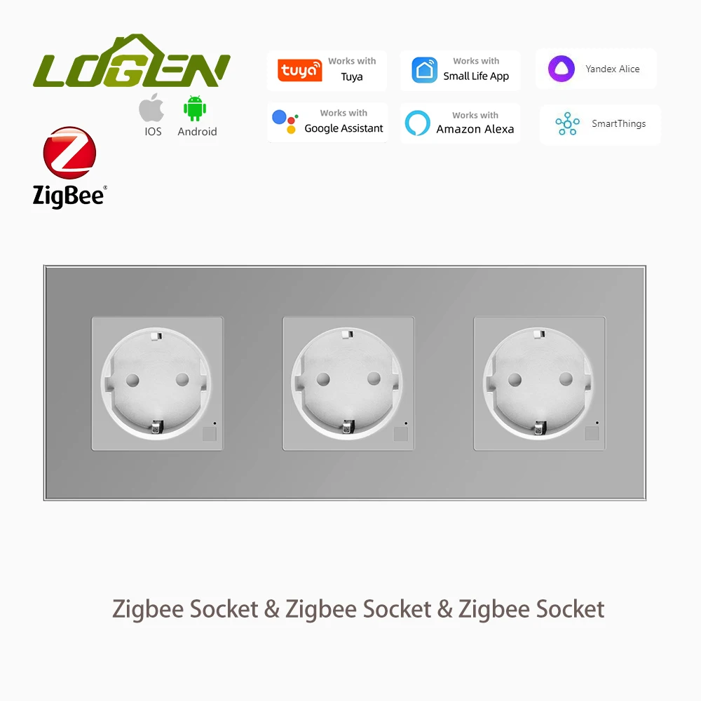 LOGEN EU Smart Socket Zgibee USB Type-c Socket Glass Crystal Panel Three sockets arranged side by side Need Neutral Wire