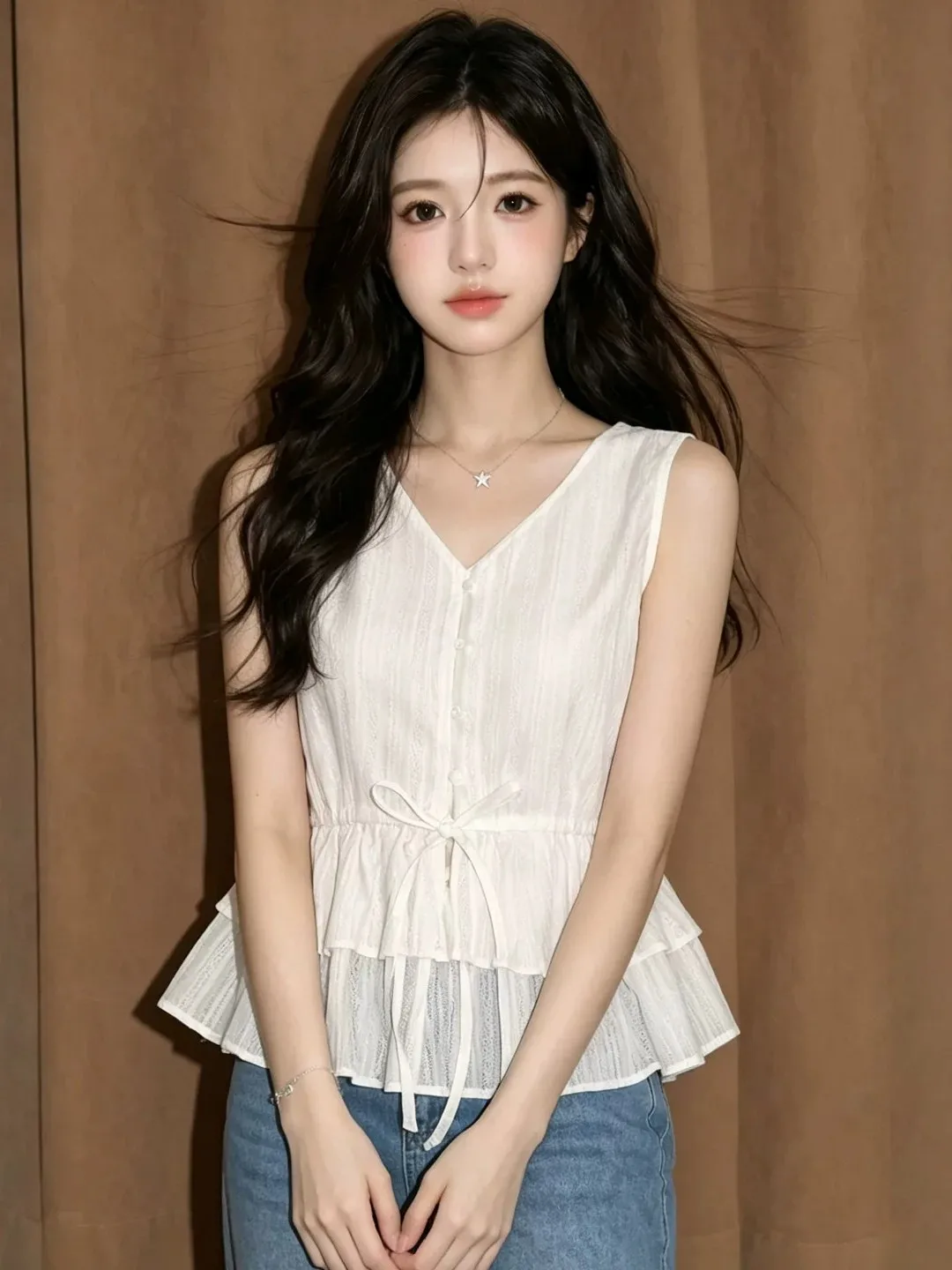 Elegant White V-neck Bowtie Belted Shirt Women's Summer Beautiful Lace Hem Sleeveless Vest Top French Style Waist-cinching