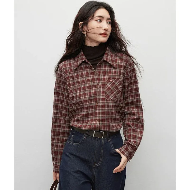 

French Women Plaid Casual Straight Tube Blouse Spring Autumn Feminine Patchwork Shirt Coat Ladies Fashion Long Sleeve Shirt Tops