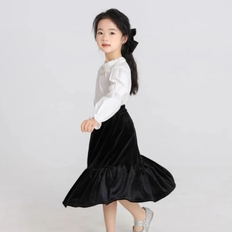 Girls' Velvet Half Skirt 2025 Spring Autumn New Stylish Children's Long Mermaid Dress