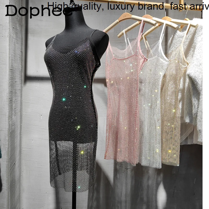 

Disco Sexy Street Midi 2023 Summer Light Diamond Elegant Crystal Hip Spaghetti Straps Slim Fit Party Dress Nightclub