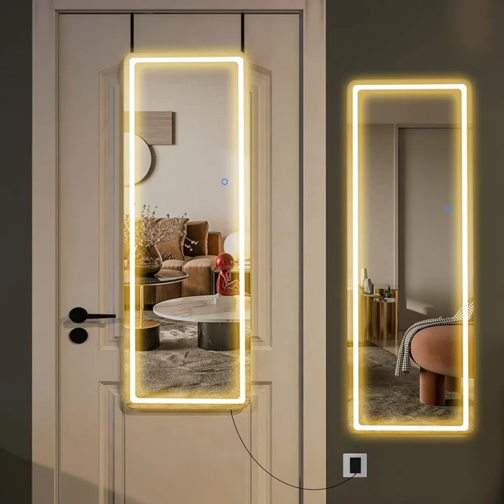 LED Mirror Full Body Wall Mirror Aluminum Frame Dimming & 3 Color LED Door Mirror White Living Room Home Freight free