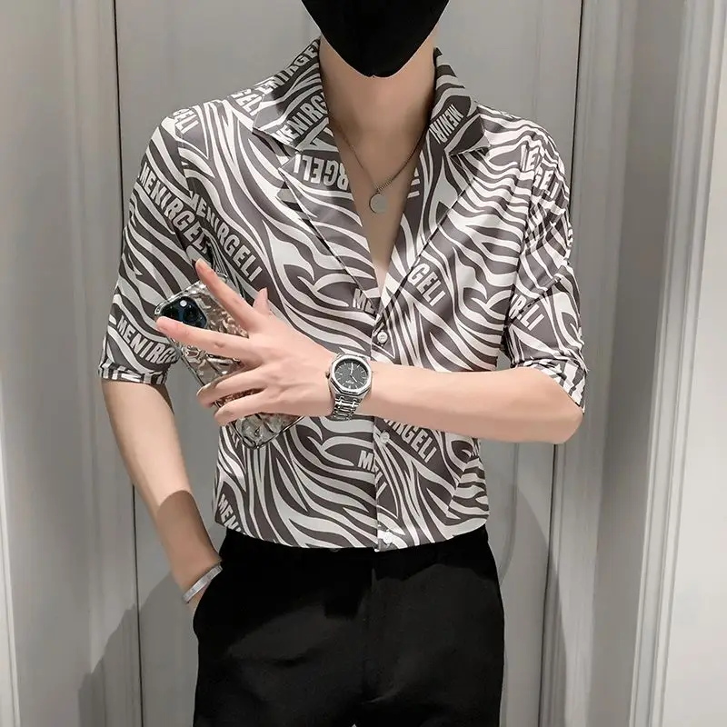 Fashion V-Neck Letter Printed Three Quarter Shirts Men's Clothing 2023 Summer New Oversized Casual Tops Loose Korean Shirt