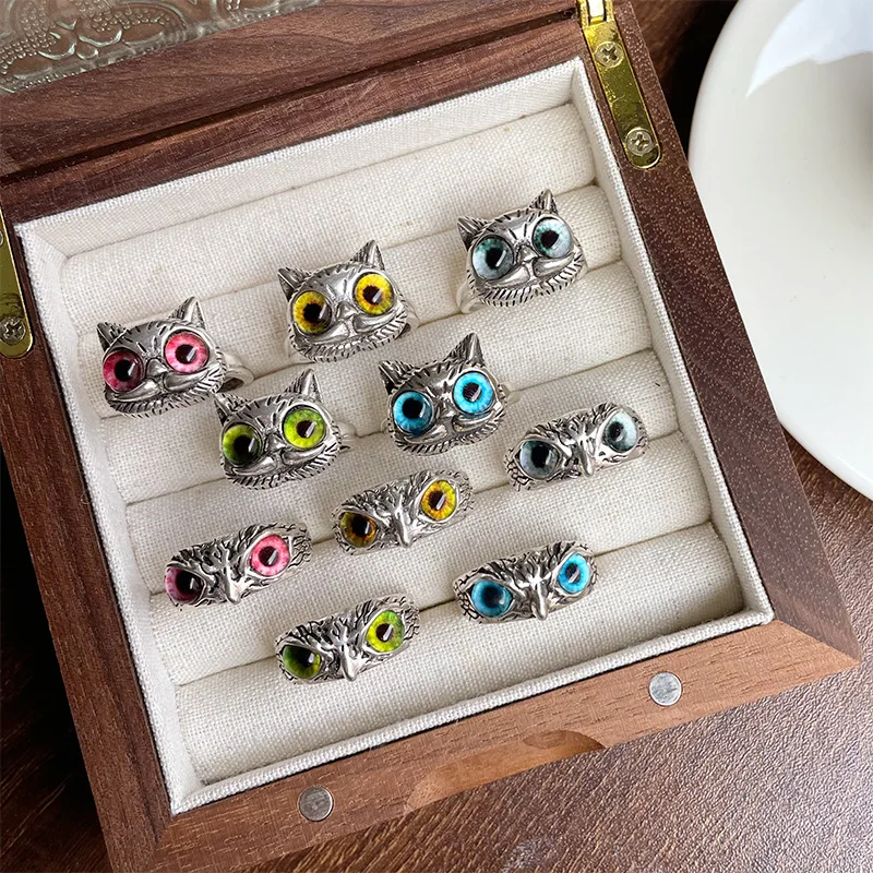 

Cute Retro Thai Silver Cat Rings Fashion Cat Owl Eye Opening Adjustable Ring for Women Men Trendy Statement Jewelry Accessories