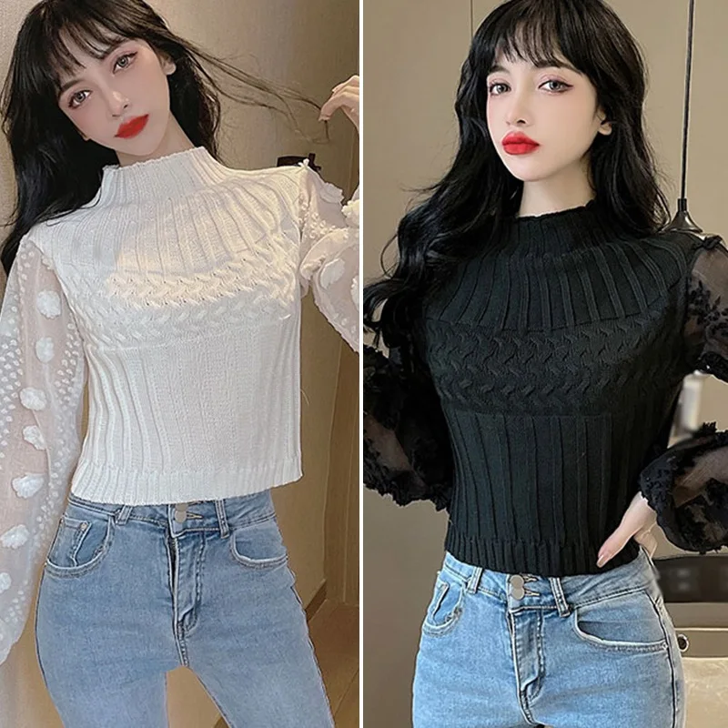 Elegant Mesh Stitching Chiffon Shirt Women Super Fairy Bubble Sleeve High Neck Tight Slimming Short Sweater Knitted Sweater