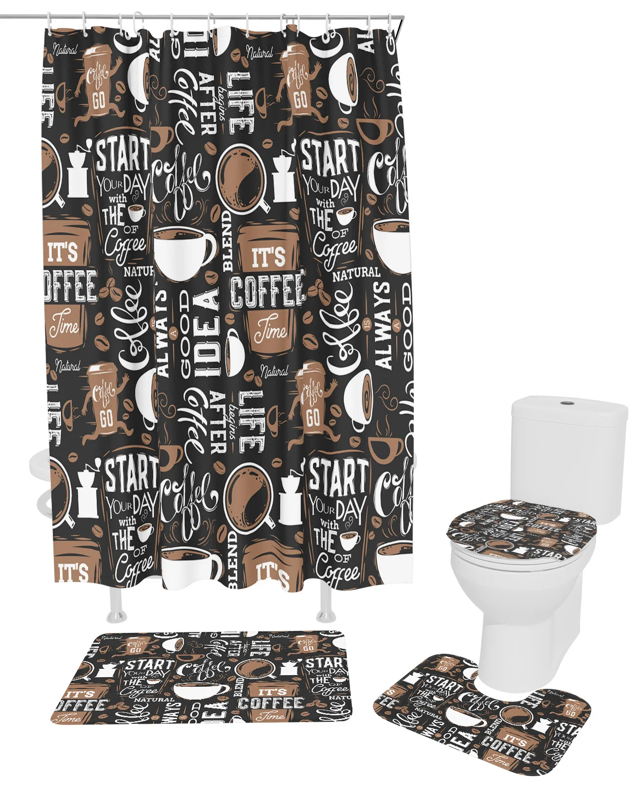 Coffee Coffee Beans Coffee Cup Shower Curtain Set Non-Slip Rugs Bath Mat Toilet Lid Cover Waterproof Polyester Bathroom Curtain