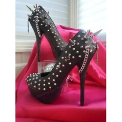 Black Rivet Chaon Platform Punk Pumps Shallow Round Toe Shoes for Women Thin High Heels Gothic Shoes 2023 Zapatos Para Mujere